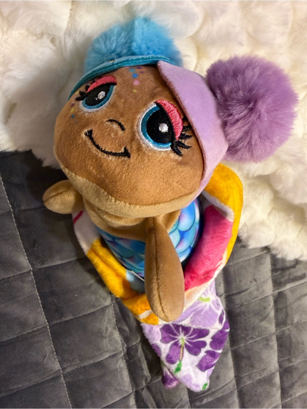 Plush Mermaid Sea Turtle Stuffed Animal - Multicolor with Purple Pom Hat